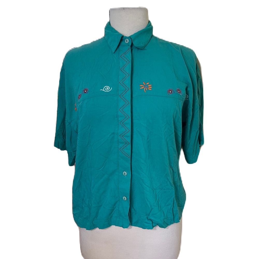 Vintage Western Style  Button-Down Shirt Southwestern Aztec Embroidered Teal S